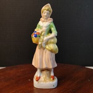 Vintage‎ Porcelain Figurine Woman / Girl Holding Basket of Flowers & Rabbit
